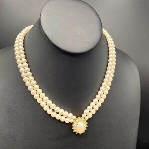 💎 Vintage Double Strand Faux Pearl Necklace w/ Rhinestone & Faux Opal Pendant